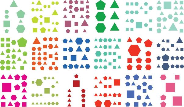 Colorful geometric shapes abstract pattern grid background, diverse forms vector