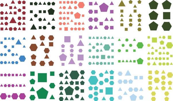 Vibrant geometric shapes pattern in a grid, squares, triangles, hexagons vector
