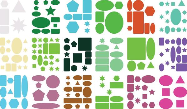 Vibrant multicolored abstract pattern of diverse geometric shapes on white vector