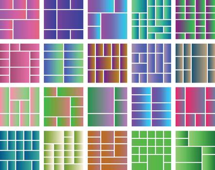 Abstract geometric pattern set with colorful gradients, arranged in a grid vector