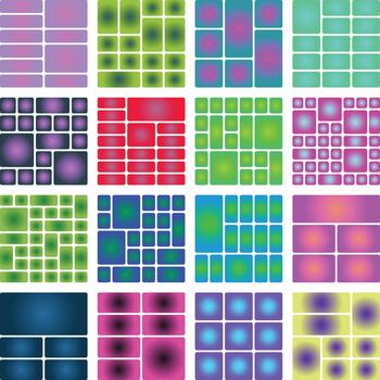 Vibrant abstract geometric gradient patterns arranged in a diverse grid. vector