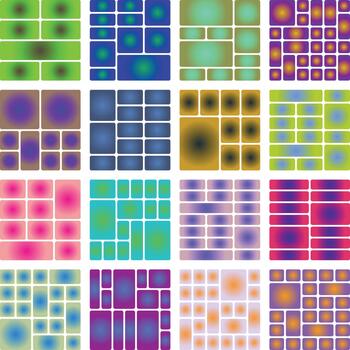 Abstract geometric grid patterns with vibrant gradient fills, modern design vector