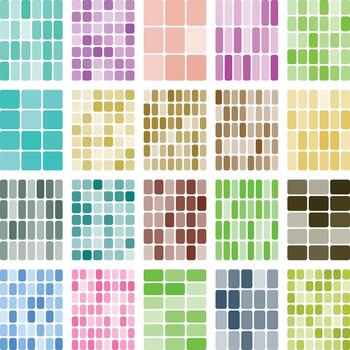 Colorful abstract geometric grid patterns featuring diverse rounded shapes. vector