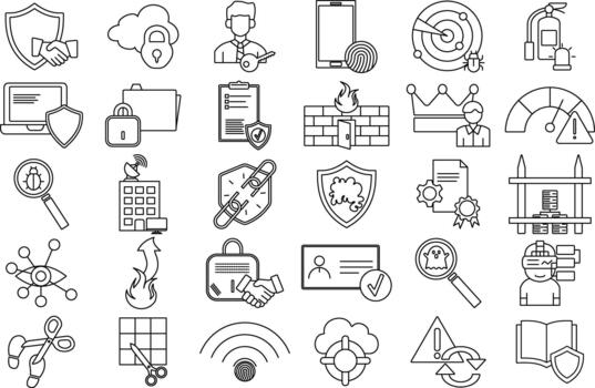 Enterprise Security Transformation Icon Set featuring Firewall, Cloud Lock, Shield, Data Safety, and Cyber Protection vector
