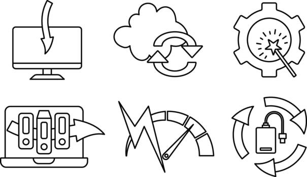 A set of application and software setup workflow line icons featuring installation, cloud sync, optimization, data transfer, speed, and secure access vector