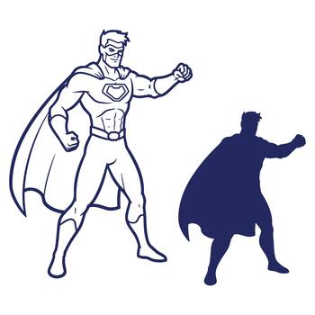 Strong superhero in dynamic pose with flowing cape embodying power and courage ready for action illustration with silhouette vector