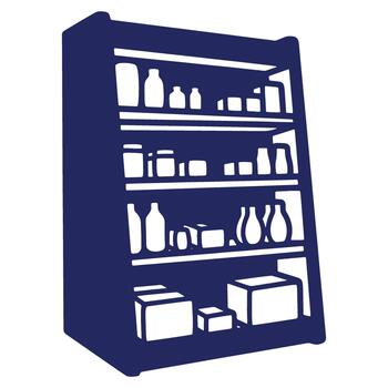 Stylish pantry organization illustration showing neat shelves with jars bottles and boxes in a minimal graphic style vector