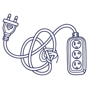 Tangled Extension Cord Line Art with Three Sockets and Plug for Electricity Connectivity and Power Usage vector