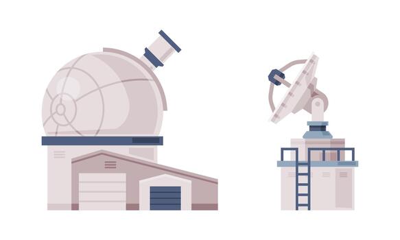 Observatory dome and satellite dish for broadcast communication. Explore and observe galaxy and space technologies illustration vector