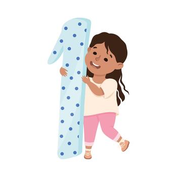 pequeño niña con enorme número uno o número aprendizaje básico contando ilustración vector