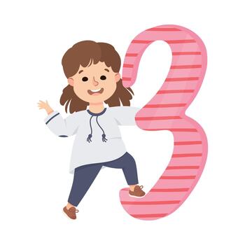 pequeño niña con enorme número Tres o número aprendizaje básico contando ilustración vector