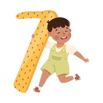 pequeño chico con enorme amarillo número Siete o número aprendizaje básico contando ilustración vector
