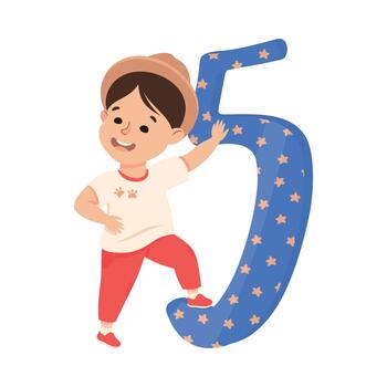 Little Boy with Huge Number Five or Numeral Learning Basic Counting Illustration vector
