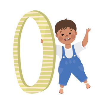 pequeño chico con enorme número cero o número aprendizaje básico contando ilustración vector