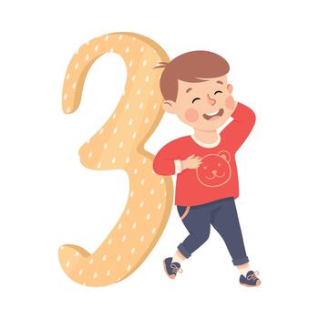 Little Boy with Huge Number Three or Numeral Learning Basic Counting Illustration vector