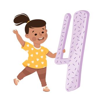 pequeño niña con enorme número cuatro o número aprendizaje básico contando ilustración vector