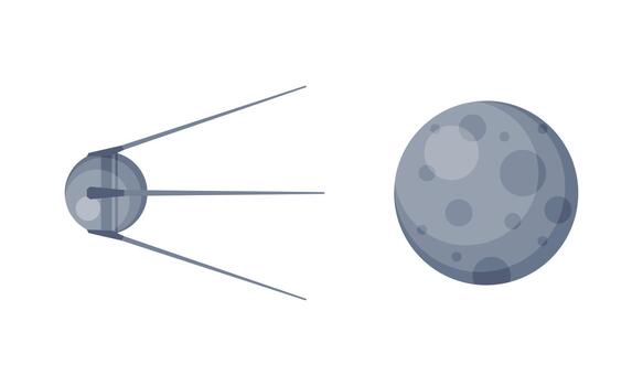 Artificial space satellite and moon. Astronautics and space exploration technologies illustration vector