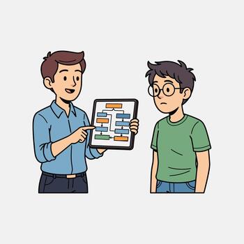 Cartoon Man Explaining Flowchart to Boy with Glasses on Tablet vector