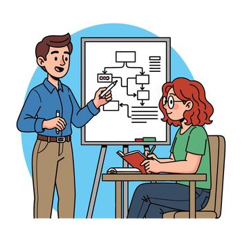 Cartoon Man Explaining Flowchart to Woman Taking Notes in Class vector
