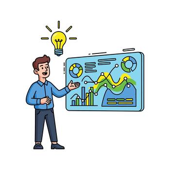 Cartoon Man Presenting Data with Lightbulb Idea, Charts and Graphs vector