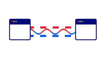 Two browser windows linked by colorful lines represent web interconnection, symbolizing data sharing, synchronization, and online collaboration between sites video