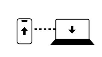 A smartphone connecting to a laptop with upload and download arrows symbolizes cross-device synchronization and smooth digital file exchange between platforms video