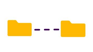 Two yellow folders linked by a dotted line represent synchronization and data exchange, symbolizing collaboration and connection between digital systems video