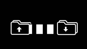 Two folders connected by a dotted path with upload and download arrows represent bidirectional file transfer, ensuring synchronization and mutual data accessibility video