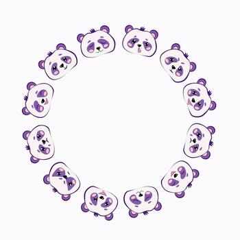 Frame, border with set of various cartoon pandas and animal faces with different expressions. A cute Chinese bear. Kawaii style, background with space for text. vector