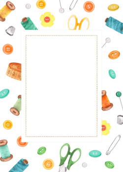 rectangular marco para texto en sin costura modelo de tijeras, hilo carretes, redondo botones, patas, dedal, cinta medida. mano dibujado ilustraciones para de coser, manualidades diseño, postales png