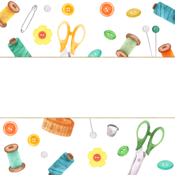 rectangular marco para texto en sin costura modelo de de coser elementos. tijeras, hilos, redondo botones, patas, dedal, cinta medida. mano dibujado ilustraciones para de coser, tejido de punto, manualidades diseño png