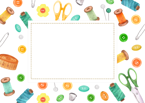 confeccionado modelo con rectangular marco en sin costura modelo de de coser elementos. tijeras, hilo carretes, redondo botones, patas, dedal. mano dibujado ilustraciones para de coser, manualidades diseño png