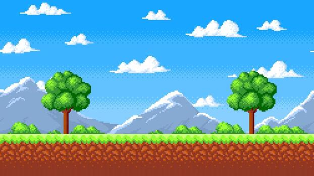 Seamless pixel landscape with trees, bush, mountains and clouds. Pixelated background with green grass and blue sky for 8 bit arcade games vector