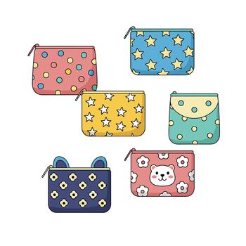 An assortment of charming and colorful small bags featuring playful patterns and adorable animal designs perfect for storing essentials. vector