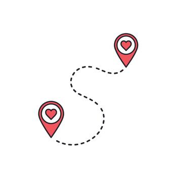 A dotted line connects two location pins each containing a heart symbol representing a journey of love or connection. vector
