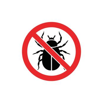A visual representation of a pest control sign showing a prohibited insect symbol with a red circle and a diagonal line. vector