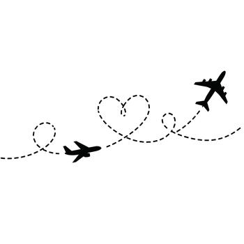 Two airplanes tracing dotted lines across the sky forming a heart shape in between them. vector