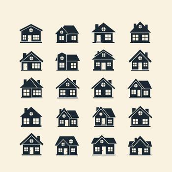 un colección de sencillo píxel Arte casa íconos representando diferente arquitectónico estilos y diseños vector