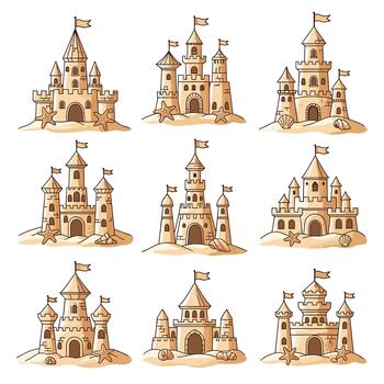 Collection of intricately designed sand castles each featuring unique architectural elements and adorned with flags. vector