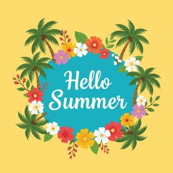 Vibrant summer floral frame with palm trees and hello summer text. vector