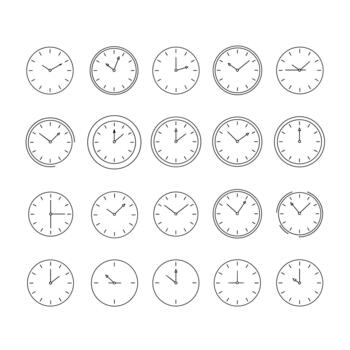 Collection of clock faces showing different times. vector