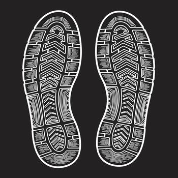 An illustration of two white boot prints on a black background with detailed tread patterns. vector