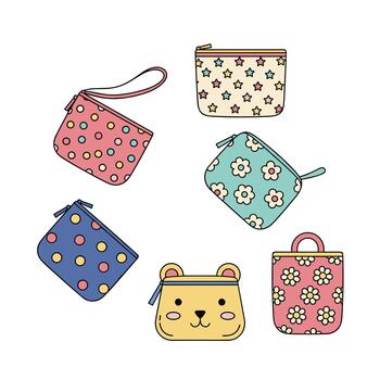 Collection of colorful coin purses with various patterns and designs. vector