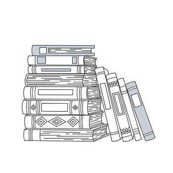 Stack of books with various designs and leaning books. vector
