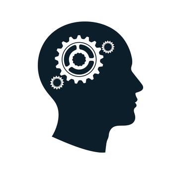 Silhouette of a head with gears representing thought processes. vector