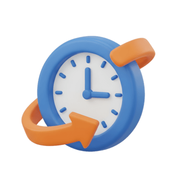 A 3D rendering of a blue clock with a circular orange arrow symbolizing time management, history, and scheduling deadlines png