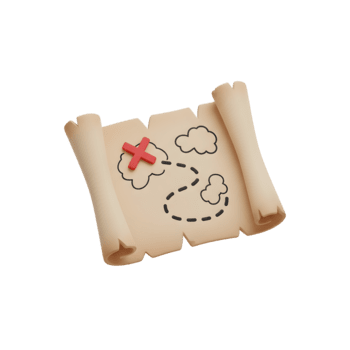 A stylized 3D render of an ancient rolled-up treasure map, prominently displaying a red 'X' and a winding dashed path, symbolizing adventure, discovery, and the quest for hidden wealth png