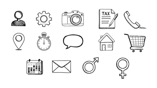 A collection of hand-drawn icons representing various concepts and services for user interface design and web applications vector