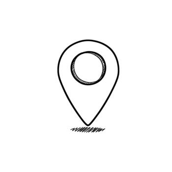 A hand-drawn sketch of a map pin icon, symbolizing precise location, navigation, and destination markers for digital interfaces and geographical information systems vector