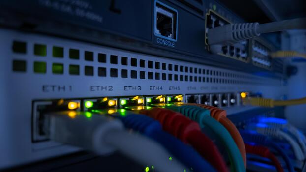 Close-up of blinking LEDs on network switch showing data flow and connection activity, perfect for IT, technology, and data concepts photo